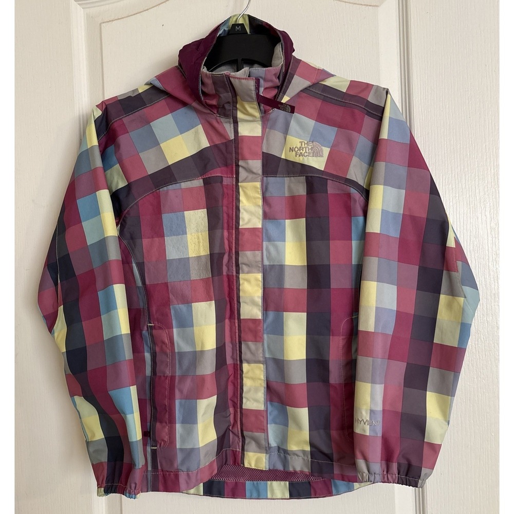 The North Face Jacket Girls Medium Purple Plaid Hoodie Hyvent Full Zip Gorpcore